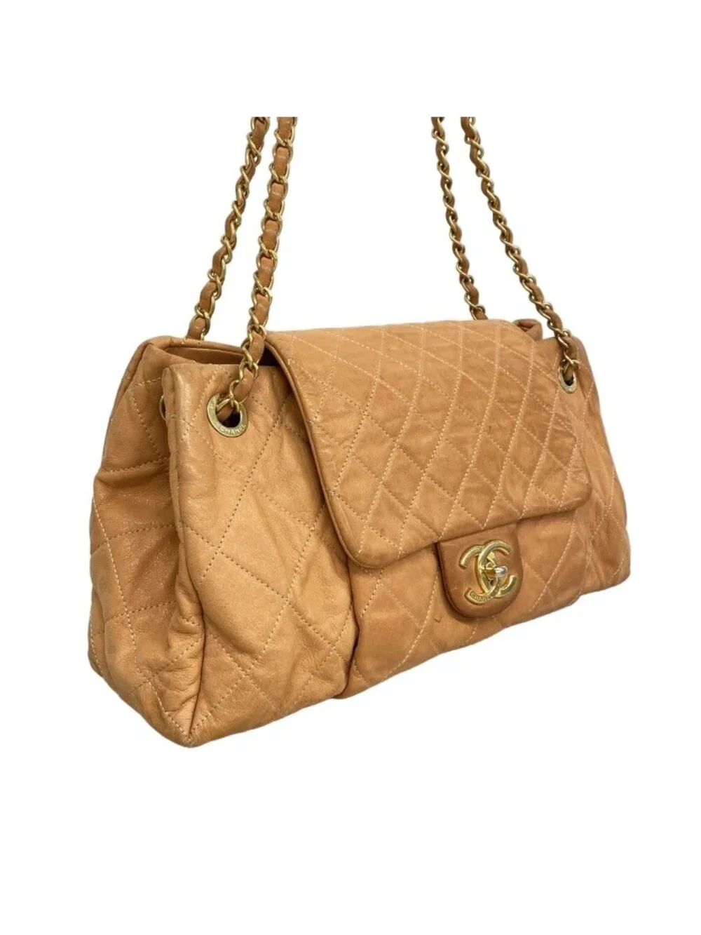 Chanel Shoulder Bag Quilted Leather Orange Gold